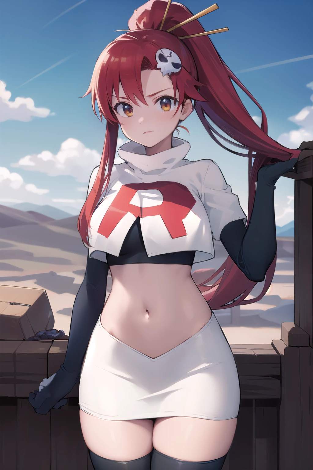 masterpiece, best quality, highres, yl1, ponytail, skull hair ornament, cowboy shot, outdoors, team rocket,team rocket uniform,white skirt,red letter R,crop top,black thigh-highs,black elbow gloves