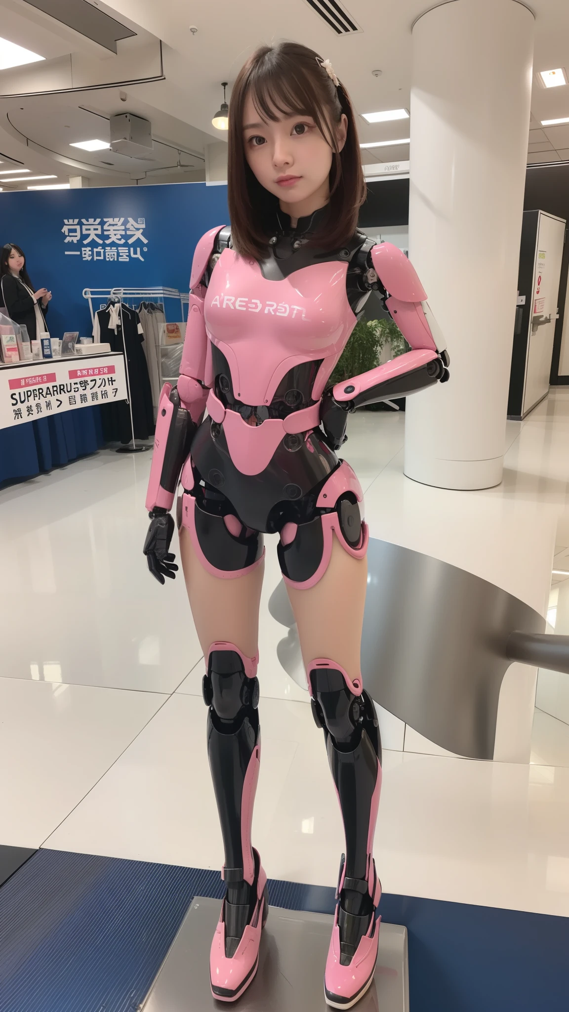 (Photorealsitic:1.4)、one robot woman、(top-quality)、(hyperdetailed face)、(Super well-formed face)、(Robot Parts)、(Female-Robot)、(25 years-old)、(Blue)、(pink there)、(Burgundy)、(metallic)、(full-body)、(sexy pose)、(Slender body)、(Model body type)、(full body mech)、(street of Akihabara)、(is looking at the camera)、(A brown-haired)、(Well-proportioned body)、(a small face)、(a small head)、(well-groomed fingers)、(Idol)、(front facing)、(Standing with legs open)、(Photo session)、(Looks sad)、(perfect-female-robot)、(perfect-mechanical-body)