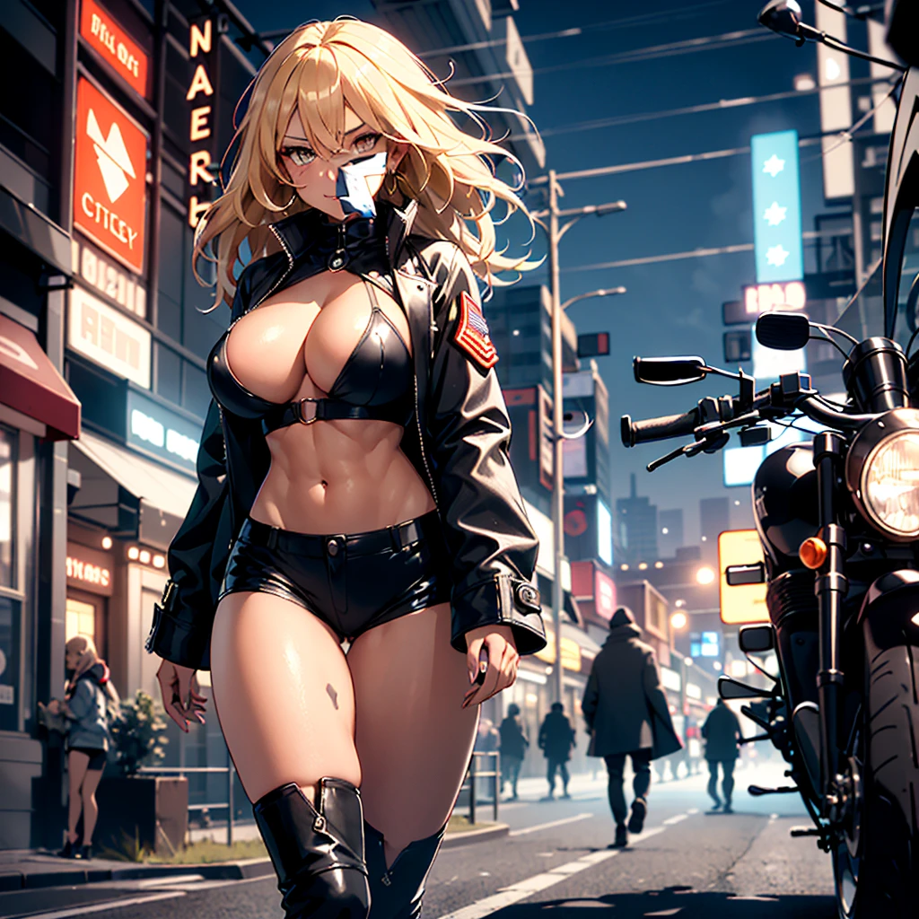 ((best quality)), ((masterpiece)), (detailed), 1girl, 8k_wallpaper, extremely detailed eyes, (large masterpiece digital art), (intricate details:1.3 ), (ultra-detailed:1.3), (sharp focus:1.3), (natural lighting:1.05), (vivid colors:1.3), (best quality:1.4), high quality, expressive eyes, full body, detailed face, beautiful face, perfect face, ((blonde hair)), (gold eyes), {{dark skin}}, ({dark skinned female}), , huge chest, outlines of nipples undhing, powerful strong and prominent muscles of the abdomen and legs, powerful arm muscles, a hard serious look, a predatory half-smile, dressed in an open black coat thrown over a transparent thin blouse, a US Army military badge hanging between her breasts in the cleblack leather mts, short Victorian-style boots with a steel platform and long heels, standing near a sports motorcycle on background of a night city in cyberpunk style,