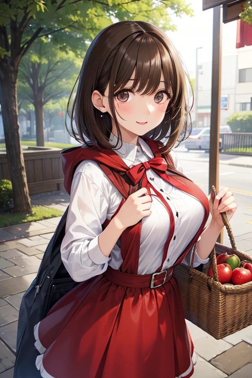 Realistic image, detailed image, coherent image. 1 beautiful girl. She has long, straight, brown hair. Red eyes, with long eyelashes. She has wolf ears and a wolf tail. Sensual expression. She is dressed in a strapless top and a pleated mini skirt. She has a curvy body, medium breasts and thick thighs. She is sitting with her legs open, she is on top of a carriage surrounded by apples. View from below. Arching her back. Soft focus, Dramatic shadows, Volumetric lighting, natural lighting.
