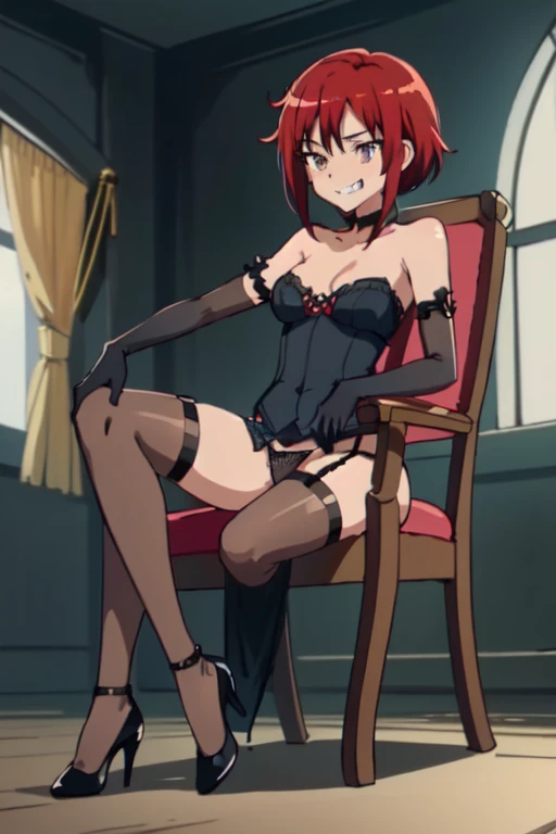 ((Highest quality)), ((masterpiece)), (detailed), One girl, ((bare shoulders)), ((black bustier)), ((black stockings)), ((black g-string)), ((black high heels)), ((black garter belt)), ((black elbow gloves)), ((chair)), ((female sitting in a chair)), foreshortening, evil grin,