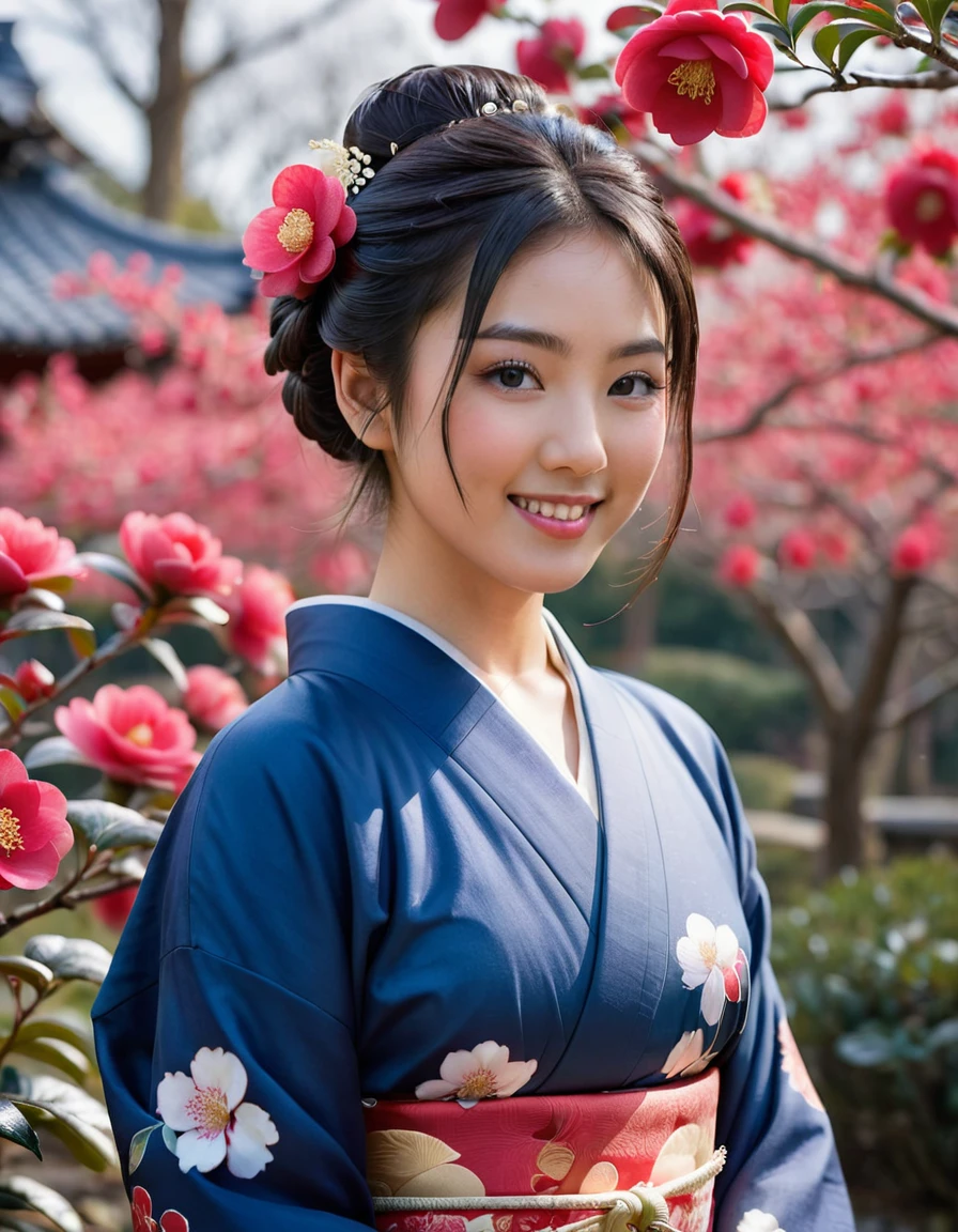From behind view , focus face , looking at viewer, (beautiful Japanese Young General, girl is 20 years old), (Highly detailed face, Black hair ,Brown eye, chignon, Fuller lips, little Lips, big smile), (C cup breasts, middle hip), (Japanese kimono, background cloth indigo blue , Red camellia flower pattern, corrected obi), standing in Japanese on Garden, Winter , fall snow, camellia trees, sunrise ,(masterpiece, Highest quality, masterpiece, God-like quality, Godly art, , Very realistic),