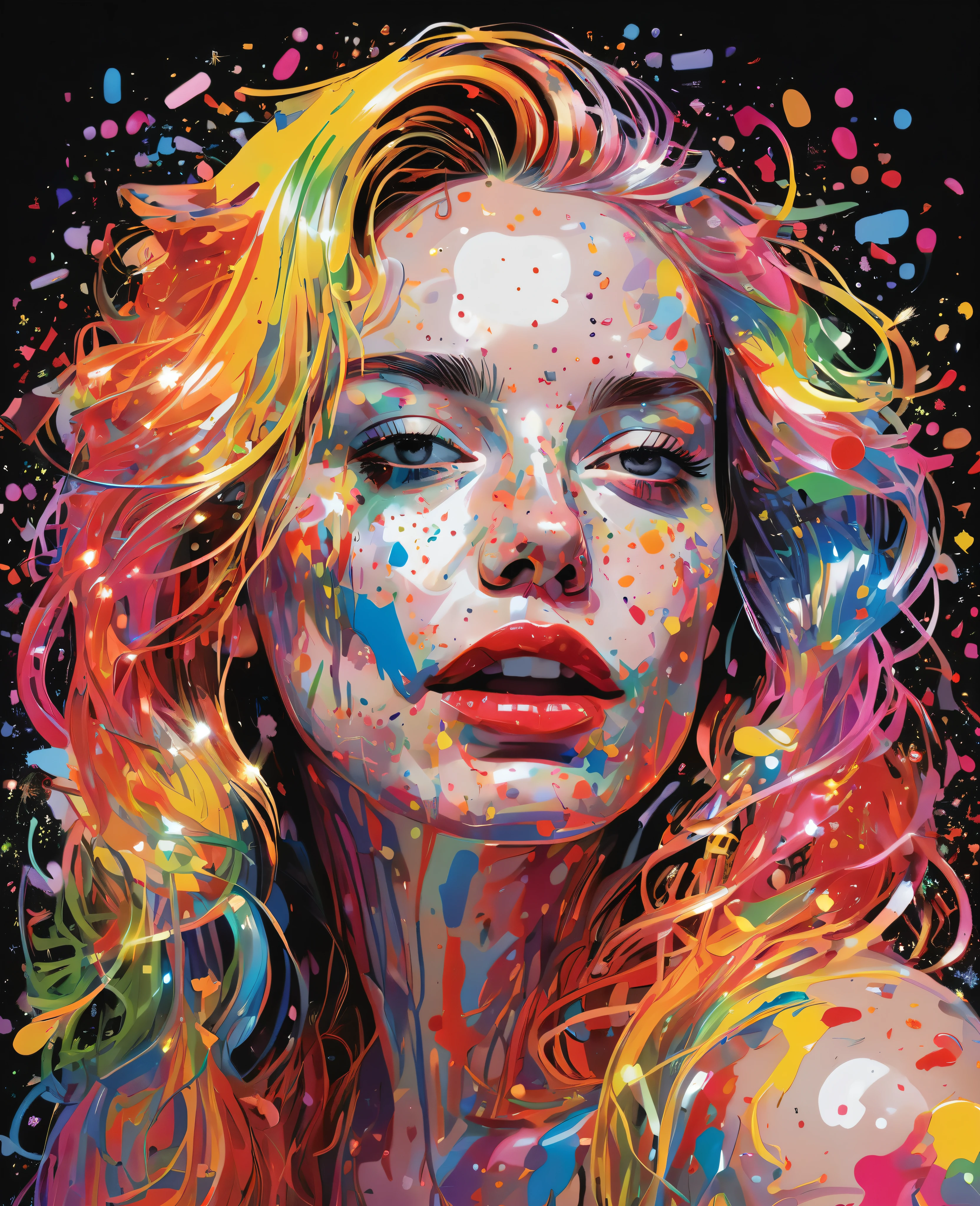 Graffiti, scribble, Comics by Petra Cortright, best quality, masterpiece, glittery rainbows artwork, Representative work, official art, Professional, Ultra intricate detailed, 8k, rainbow art, black background