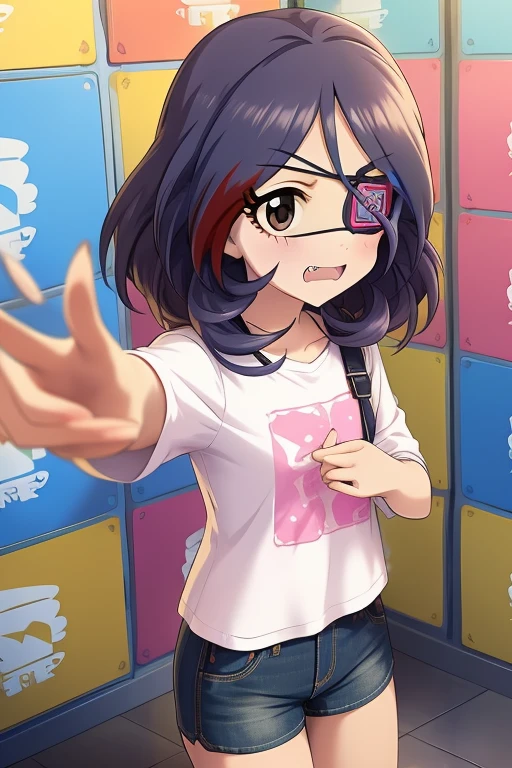 Hayasaka Mirei,purple hair,multicolored hair,fang,brown eyes,short hair,eyepatch,white shirt,Denim shorts,shorts rolled,