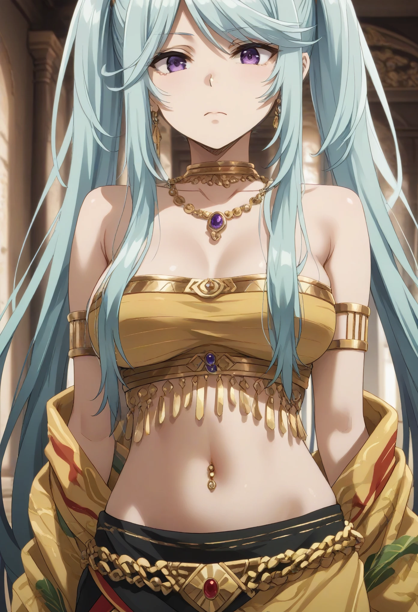 1girl,long hair,blue hair,purple eyes,twintails,,big breast,tall woman,full display of temple jewelry, a pair of earrings, necklace, bangles, navel piercing, ring, maang tikka highly detailed vray render, flash, high quality, 18k,, long hair, multicolored dress, hair ornament, golden embroidery, ancient indian, midriff peek, waist jewelry, (nose pin), armlet with golden chains, (close-up), golden shawl with intricate leaf embroidery, embroidered dress, (kamarband:1.1),best quality,
