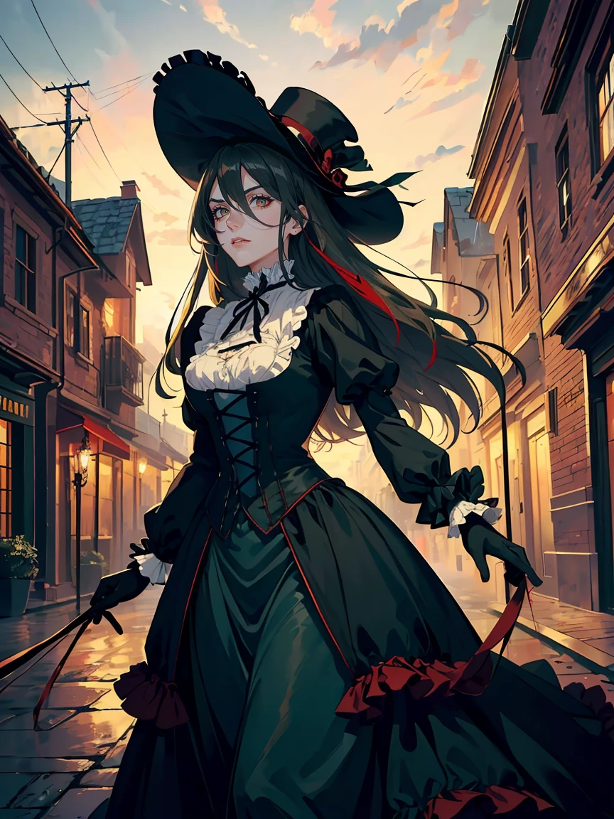 Long dark green hair, brown eyes, evil, sexy, black and red clothes, evil face, evil, serious look, gloss lips, sinister, front look, bloody, gloves, close up, portrait, beautiful eyes, short dress, big white, dark place, night, sensual, straight hair cut, clear skin, evil, young 30 years girl, adult girl, solo, red, very long hair, ankle length hair, handsome older WOMAN,Hyperresolution,accuracy,Detailed rendering,(Image of fine hair)(topquality)(Masterpieces of masters)(High degree of completeness)(A sense of atmosphere)tmasterpiece,Super detailed and super detailed(((half-body portrait)))(((Older woman)))(((Victorian outfit)))(((wearina victorian tophat))) (((Has a walking cane)))(((Victorian village background)))