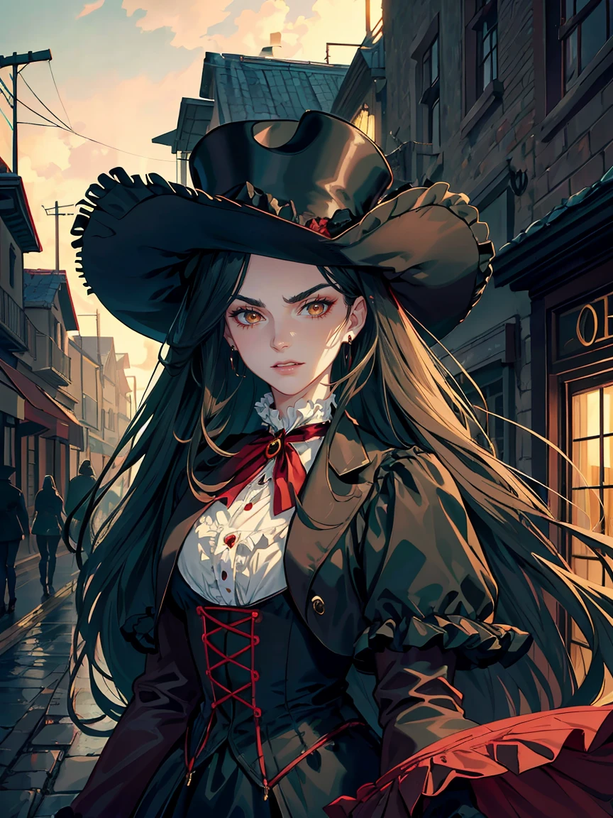Long dark green hair, brown eyes, evil, sexy, black and red clothes, evil face, evil, serious look, gloss lips, sinister, front look, bloody, gloves, close up, portrait, beautiful eyes, short dress, big white, dark place, night, sensual, straight hair cut, clear skin, evil, young 30 years girl, adult girl, solo, red, very long hair, ankle length hair, handsome older WOMAN,Hyperresolution,accuracy,Detailed rendering,(Image of fine hair)(topquality)(Masterpieces of masters)(High degree of completeness)(A sense of atmosphere)tmasterpiece,Super detailed and super detailed(((half-body portrait)))(((Older woman)))(((Victorian outfit)))(((wearina victorian tophat))) (((Has a walking cane)))(((Victorian village background)))
