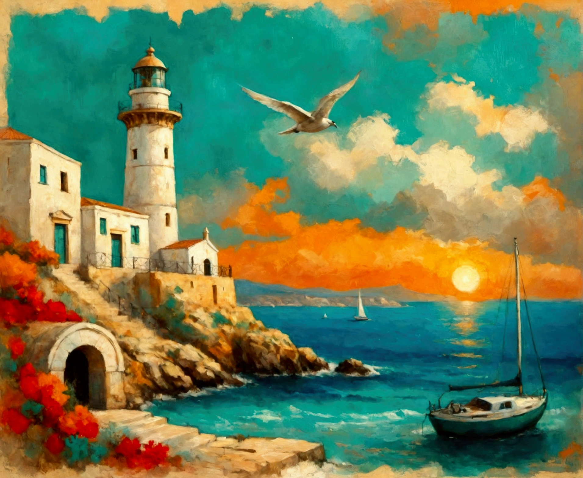 a thick textured oil painting, impasto brushstrokes, dry brushing,revealing lower layers, breathtaking composition, Create an art deco inspired illustration of A scenic lighthouse Chania Lighthouse (Greece), overlooking the turquoise waters of the sunset. Include vibrant pastel colors, elegant lines, and a retro summer atmosphere. The style is reminiscent of vintage travel posters with a modern twist, breathtaking composition, wall art decoration, Chania Lighthouse (Greece), Chania Lighthouse (Greece)