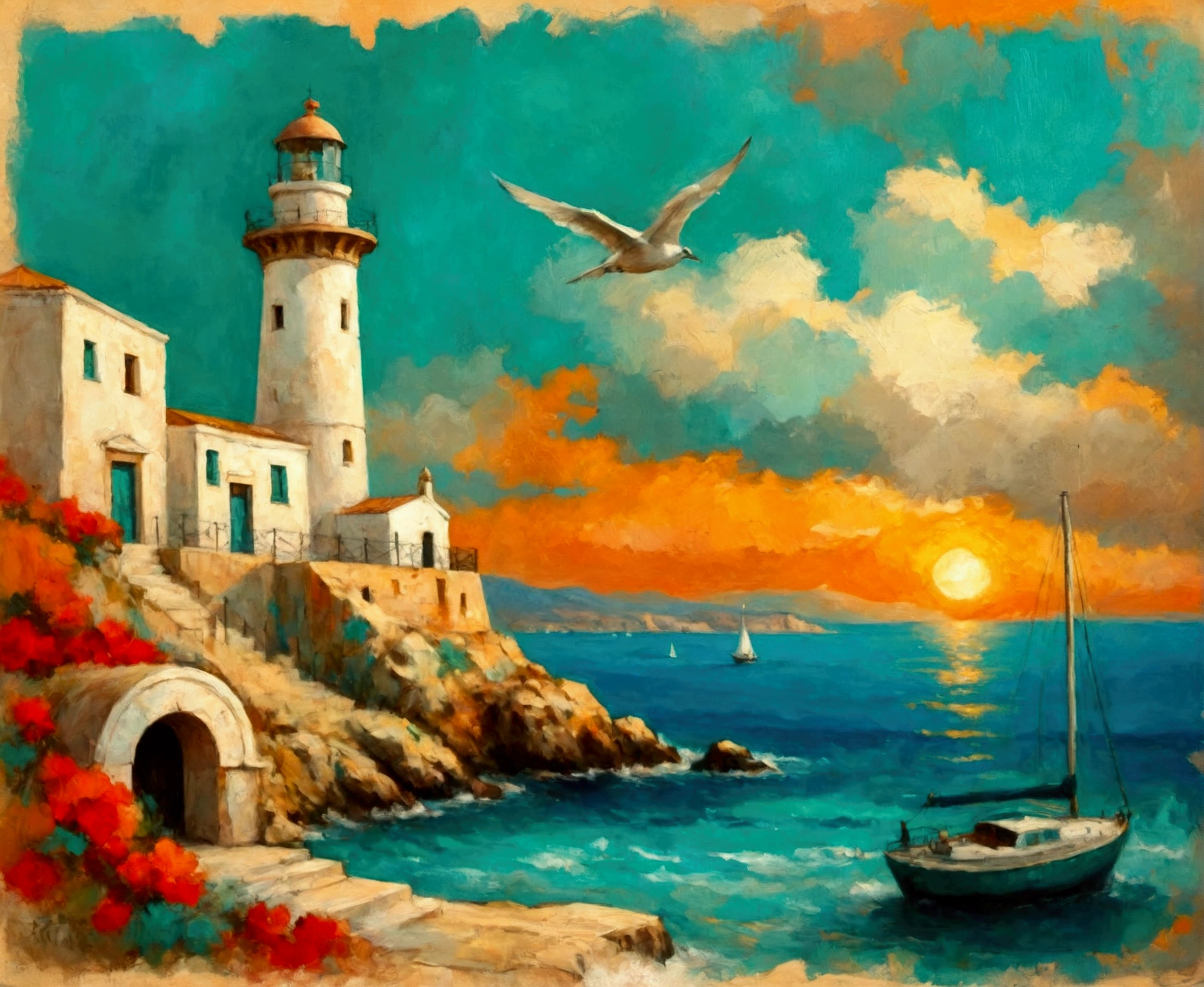 a thick textured oil painting, impasto brushstrokes, dry brushing,revealing lower layers, breathtaking composition, Create an art deco inspired illustration of A scenic lighthouse Chania Lighthouse (Greece), overlooking the turquoise waters of the sunset. Include vibrant pastel colors, elegant lines, and a retro summer atmosphere. The style is reminiscent of vintage travel posters with a modern twist,  breathtaking composition, wall art decoration, Chania Lighthouse (Greece), Chania Lighthouse (Greece)