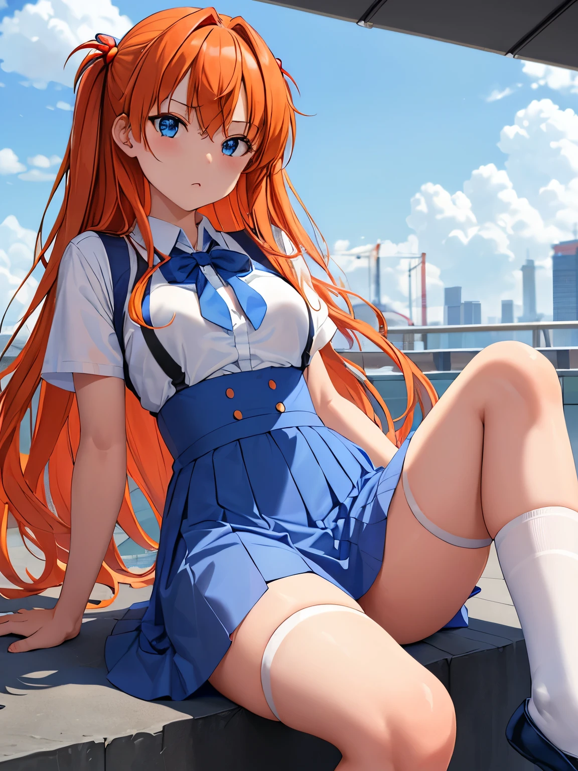The upper part of the body、an oil painting、masterpiece、top-quality、hight resolution、Orange hair、I'm running a marathon、Tired hands on your knees、cleavage of the breast、Black bloomers、distressed face、Sweaty skin、school ground、blue-sky、tiny chest、