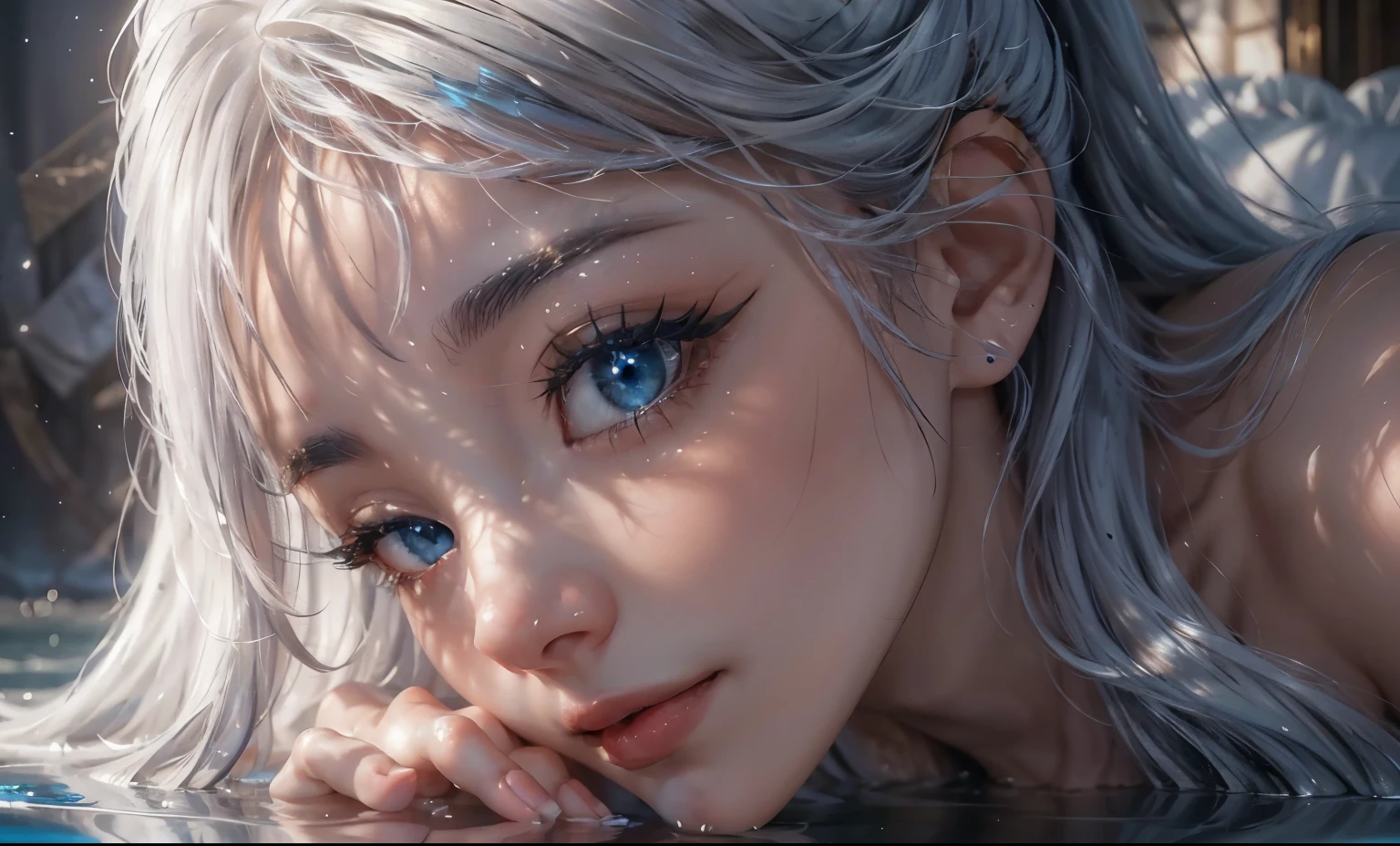 landscape of an woman, landscape of a very beautiful woman,(((extreme face close up))), Nao Tomori/(Charlotte/), anime style, (((lie sideaways)))!!!, (lie sideaways on the shallow water), looks at the camera with beautiful blue eyes, Ultra Detailed, A detailed eye, (Beautiful blue eye's like sapphire :1.40)!!, Stars in her fixed eyes, (homochromatic eyes)!!! attractive smile, beautiful smile, gorgeous smile, Perfect nose, Cute little nose, beatiful face, Face Clean, Skin, hyper realistic, Incredibly detailed face, hyper detailed face, A face with a lot of detail, Perfect eye shadow, wink, Hyper-Detailed Eyes, Hyper-detailing of eyebrows, Hyper-detailed eyelashes, white hair between eyes,  White hair bangs, (ultra shine white hair)!!, (curvy hair with double tied up)!!, ((dynamic composition)), Best Quality, Masterpiece, Ultra-detailed, Beautiful, hight resolution, Original, CG 8K, perfect artwork,  dramatic  lighting, (Realistic) Realistic, Full HD, Best Quality, Best Quality, Beautiful lighting, (8k wallpaper of extremely detailed CG unit), High Details, sharp-focus, The art of dramatic and photorealistic painting,  ((In shallow water)), dynamic composition