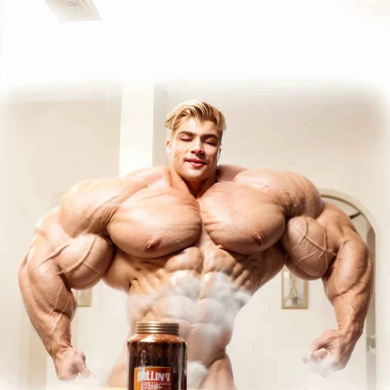 impossibly huge muscular blond white guy, very low body fat!!, extremely huge muscles!!!, impossibly thin eaist, enormous shoulders to waist ratio, tremendous biceps, broad shoulders, massive delts, huge traps, meaty forearms, huge triceps, enormous pecs, immense back, impossibly huge lats, extremely ripped 10-pack abs, extremely prominent obliques, moderate body hair, bushy pits and pubes, messy blond hair sticking from armpits and pubes, gorgeous blond hair, sweat dripping, pale white skin, stretch marks, 18 years old, standing, enjoying himself, enjoying being an alpha, young face with soft features, fully naked, everything exposed, no obstructions, attractive young face, whole body and each muscle flexed, eyes closed, visible from waist up, ultra realistic, 8k photo, best render, a bright room