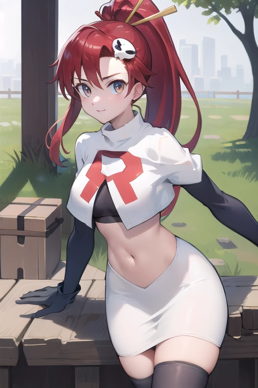 masterpiece, best quality, highres, yl1, ponytail, skull hair ornament, cowboy shot, outdoors, team rocket,team rocket uniform,white skirt,red letter R,crop top,black thigh-highs,black elbow gloves