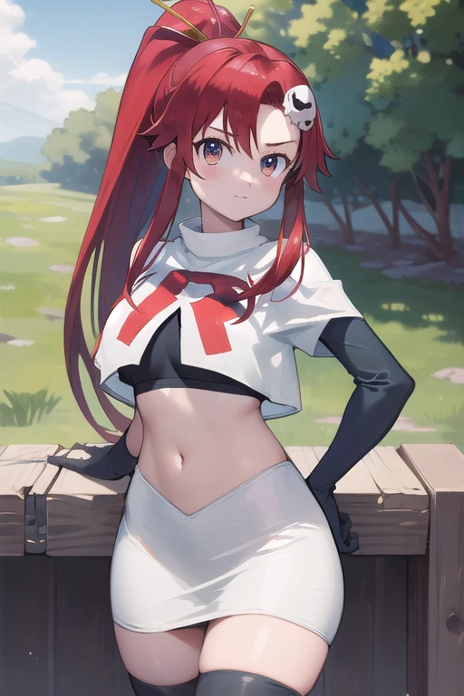 masterpiece, best quality, highres, yl1, ponytail, skull hair ornament, cowboy shot, outdoors, team rocket,team rocket uniform,white skirt,red letter R,crop top,black thigh-highs,black elbow gloves