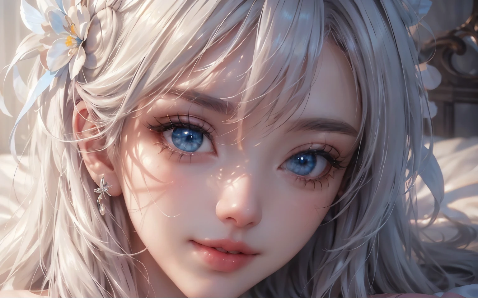 landscape of an woman, landscape of a very beautiful woman,(((extreme face close up))), Nao Tomori/(Charlotte/), anime style, (((lie sideaways)))!!!, (lie sideaways on the bed), looks at the camera with beautiful blue eyes, Ultra Detailed, A detailed eye, (Beautiful blue eye's like sapphire :1.40)!!, Stars in her fixed eyes, (homochromatic eyes)!!! attractive smile, beautiful smile, gorgeous smile, Perfect nose, Cute little nose, beatiful face, Face Clean, Skin, hyper realistic, Incredibly detailed face, hyper detailed face, A face with a lot of detail, Perfect eye shadow, wink, Hyper-Detailed Eyes, Hyper-detailing of eyebrows, Hyper-detailed eyelashes, white hair between eyes, White hair bangs, (ultra shine white hair)!!, (curvy hair with double tied up)!!, ((dynamic composition)), Best Quality, Masterpiece, Ultra-detailed, Beautiful, hight resolution, Original, CG 8K, perfect artwork, dramatic lighting, (Realistic) Realistic, Full HD, Best Quality, Best Quality, Beautiful lighting, (8k wallpaper of extremely detailed CG unit), High Details, sharp-focus, The art of dramatic and photorealistic painting, ((In bed)), dynamic composition
