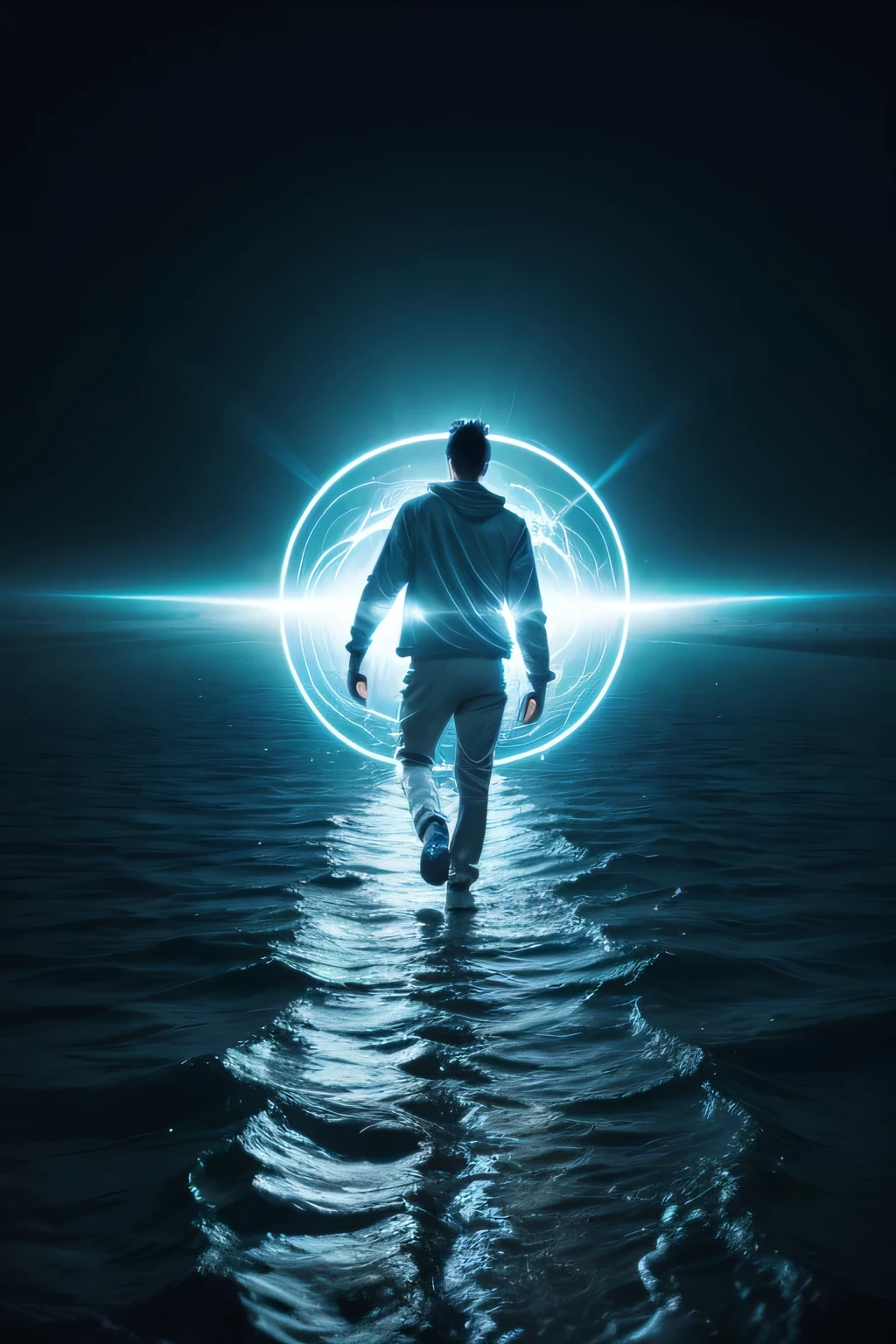 create an image of a human form of energy walking through a river of energy flow