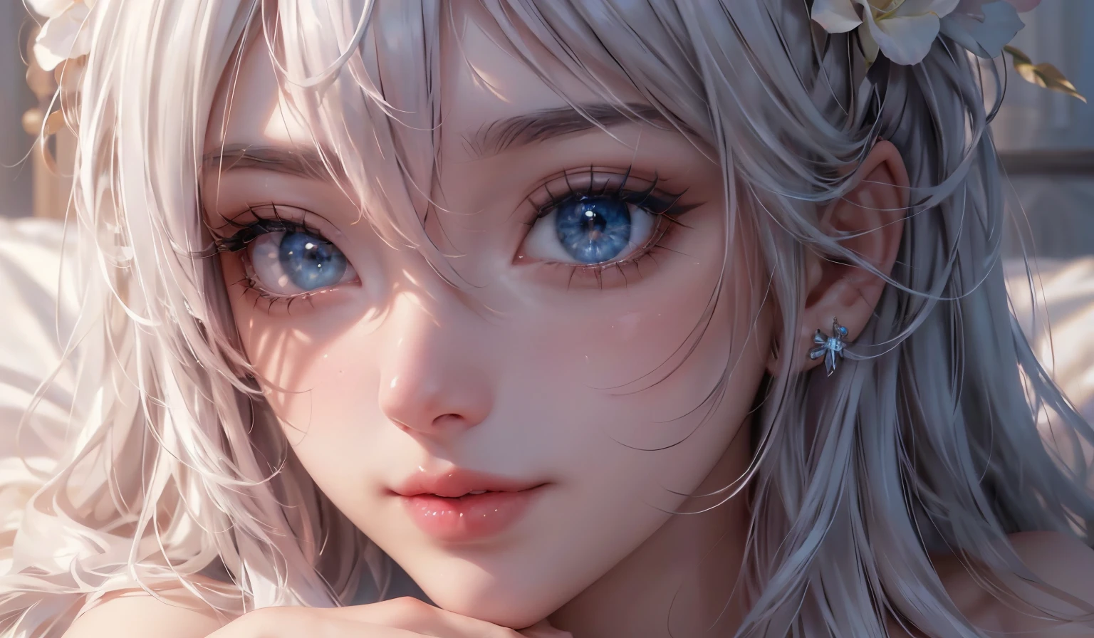 landscape of an woman, landscape of a very beautiful woman,(((extreme face close up))), Nao Tomori/(Charlotte/), anime style, (((lie sideaways)))!!!, (lie sideaways on the bed), super seductive temptation, looks at the camera with beautiful blue eyes, Ultra Detailed, A detailed eye, (Beautiful blue eye's like sapphire :1.40)!!, Stars in her fixed eyes, (homochromatic eyes)!!!, seductive smile, beautiful smile, gorgeous smile, Perfect nose, Cute little nose, beatiful face, Face Clean, Skin, hyper realistic, Incredibly detailed face, hyper detailed face, A face with a lot of detail, Perfect eye shadow, wink, Hyper-Detailed Eyes, Hyper-detailing of eyebrows, Hyper-detailed eyelashes, white hair between eyes,  White hair bangs, (ultra shine white hair)!!, (curvy hair with double tied up)!!, ((dynamic composition)), Best Quality, Masterpiece, Ultra-detailed, Beautiful, hight resolution, Original, CG 8K, perfect artwork,  dramatic  lighting, (Realistic) Realistic, Full HD, Best Quality, Best Quality, Beautiful lighting, (8k wallpaper of extremely detailed CG unit), High Details, sharp-focus, The art of dramatic and photorealistic painting,  ((In bed)), dynamic composition