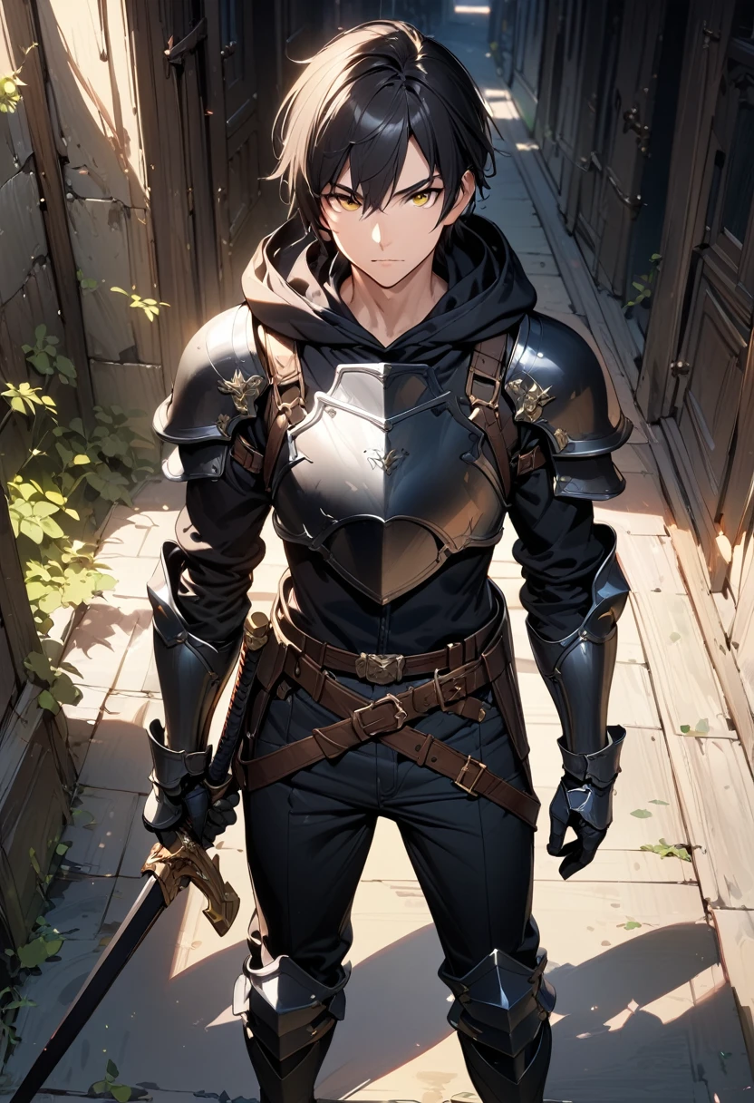 (masterpiece),(best quality),(ultra-detailed),(best illustration),(best shadow),(absurdres),(detailed background),(very aesthetic), 1boy, male-focus, black-hair, solo, armor, yellow-eyes, gauntlets, hood, holding, belt, holding-weapon, black-pants, standing, boots, pants, short-hair, full-body, hoodie, armored-boots, breastplate, sheath, hood-down, black-hoodie, closed-mouth, gloves, looking-at-viewer, indoors, bangs
