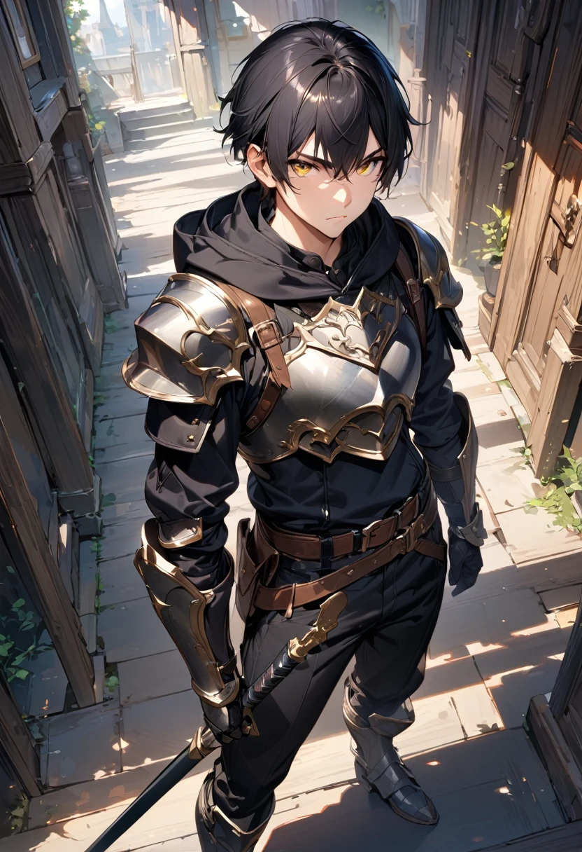(masterpiece),(best quality),(ultra-detailed),(best illustration),(best shadow),(absurdres),(detailed background),(very aesthetic), 1boy, male-focus, black-hair, solo, armor, yellow-eyes, gauntlets, hood, holding, belt, holding-weapon, black-pants, standing, boots, pants, short-hair, full-body, hoodie, armored-boots, breastplate, sheath, hood-down, black-hoodie, closed-mouth, gloves, looking-at-viewer, indoors, bangs