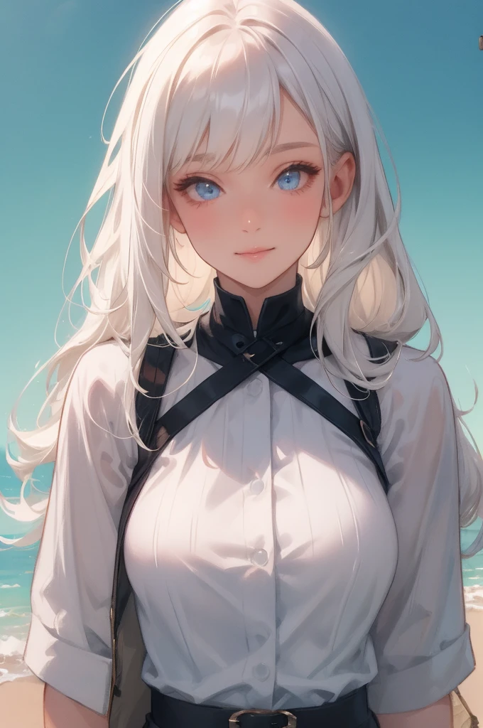 One additional person, long white hair, blue eyes, Smiling softly, look directly, Smooth white skin, Wear ladies' clothes, sky, Atmosphere at night, full moon, Sharp picture, Sharp graphics, 4K