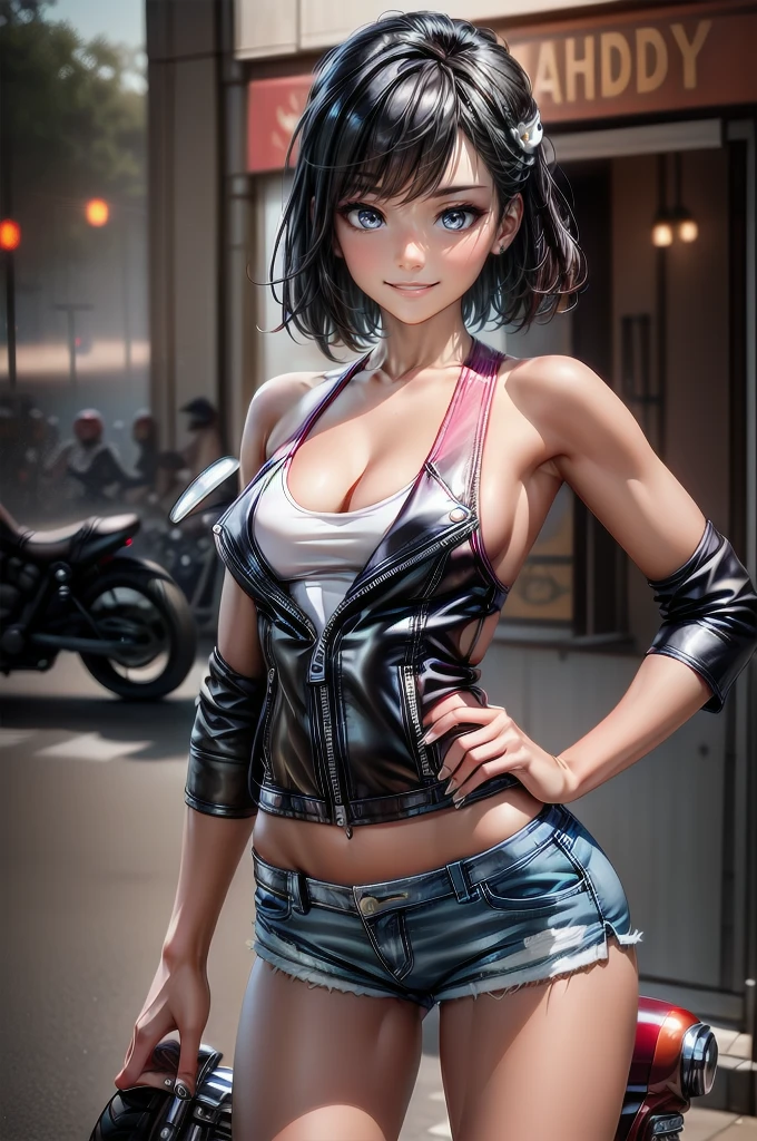 (cowboy shot), (Perfect Anatomy, top-quality, The ultra -The high-definition, high resolution, extremely detailed CG, 8K Unit Wallpapers), 26-year-old lady, solo, beautiful detailed eyes, black hair, short bob hair, blunt bang, (small breasts, statuesque slender body, athletic), gleaming skin, oily skin, (punk fashion, leather jacket, Tank top, micro shorts), (drive a motorcycle,Harley-Davidson), on road, Tokyo, at night