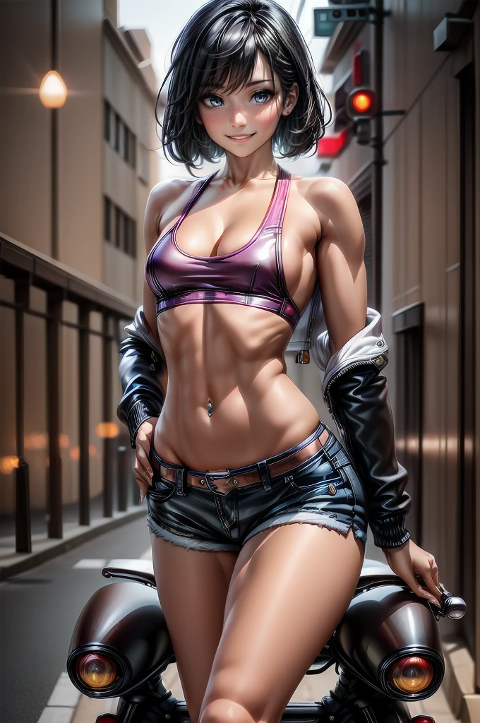 (cowboy shot), (Perfect Anatomy, top-quality, The ultra -The high-definition, high resolution, extremely detailed CG, 8K Unit Wallpapers), 26-year-old lady, solo, beautiful detailed eyes, black hair, short bob hair, blunt bang, (small breasts, statuesque slender body, athletic), gleaming skin, oily skin, (punk fashion, leather jacket, Tank top, micro shorts), (drive a motorcycle,Harley-Davidson), on road, Tokyo, at night