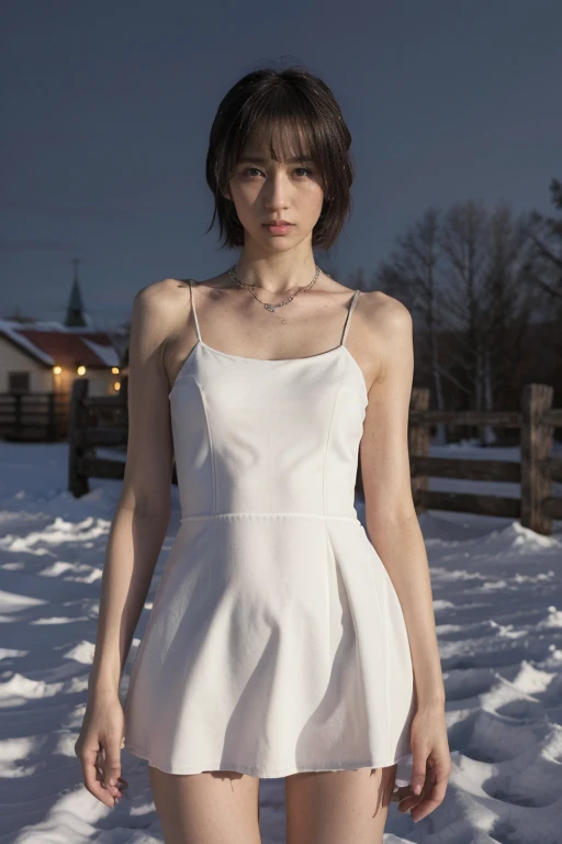 night, Russia,Snow,((1 girl)), Solitary, masterpiece, 8k wallpaper, high resolution, absurd, High quality background, short hair, Black Hair, Snow, moon,Blue Dress, Detailed dress, Jewelry Dress, beautiful eyes, Detailed eyes, long legs