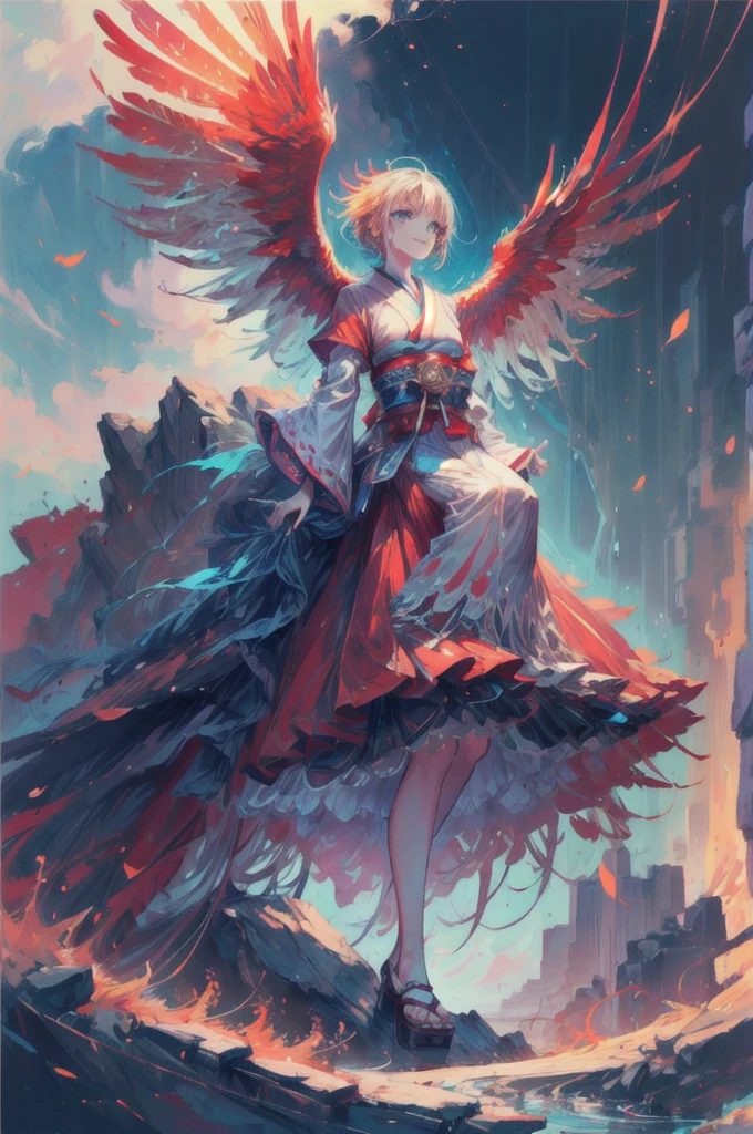 ultra detailed close up of anime girl phoenix wings, upright posture with arms on ground behind, bright red dress, broad glowing wings, smile with teeth, sitting under misty waterfall, neon red and blue, traditional japanese clothing, ripples, feathered wings, spread wings, solo, upper body, profile picture, lookup up and away, cloth shoes, masterpiece, best quality, mature girl, 20 years old, (femalefocus: 1.5), beautiful eyes,score_9, score_8_up, score_7_up, detailed eyes, looking up, bright crimson, bright neon blue, wide smile, smiling, shining eyes, 