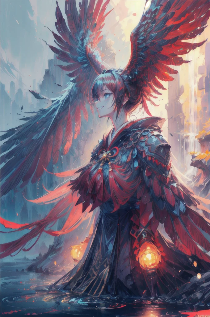 ultra detailed close up of anime girl phoenix wings, upright posture with arms on ground behind, bright red dress, broad glowing wings, smile with teeth, sitting under misty waterfall, neon red and blue, traditional japanese clothing, ripples, feathered wings, spread wings, solo, upper body, profile picture, lookup up and away, cloth shoes, masterpiece, best quality, mature girl, 20 years old, (femalefocus: 1.5), beautiful eyes,score_9, score_8_up, score_7_up, detailed eyes, looking up, bright crimson, bright neon blue, wide smile, smiling, shining eyes, 