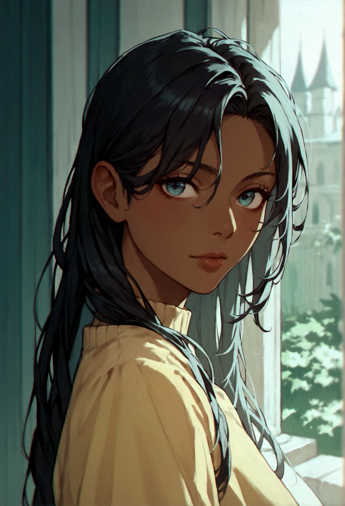 score_9, score_8_up, score_7_up, score_6_up, masterpiece, anime style, centered, highly detailed, portrait, 1girl, long hair, dark skinned