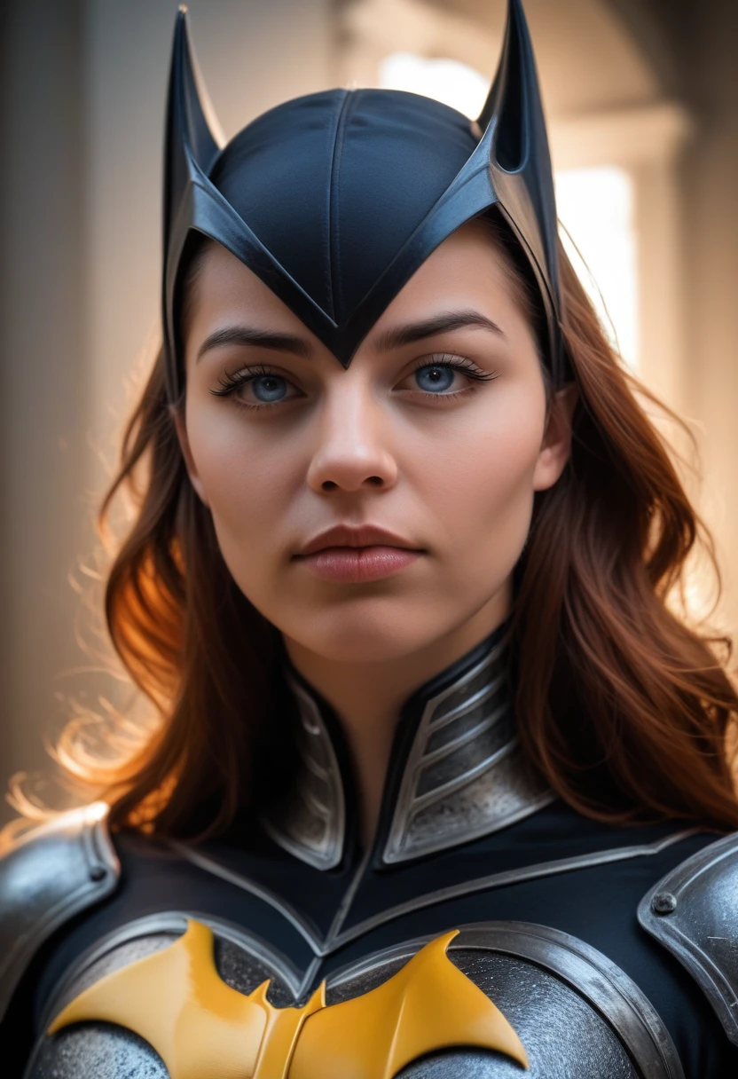 a highly detailed epic female character in video game style armor, similar to batgirl from the batman movies, beautiful detailed eyes, beautiful detailed lips, extremely detailed eyes and face, long eyelashes, detailed armor, intricate designs, beautiful flowing hair, dynamic pose, dramatic lighting, cinematic composition, deep rich colors, fantasy, digital art, (best quality,4k,8k,highres,masterpiece:1.2),ultra-detailed,(realistic,photorealistic,photo-realistic:1.37)