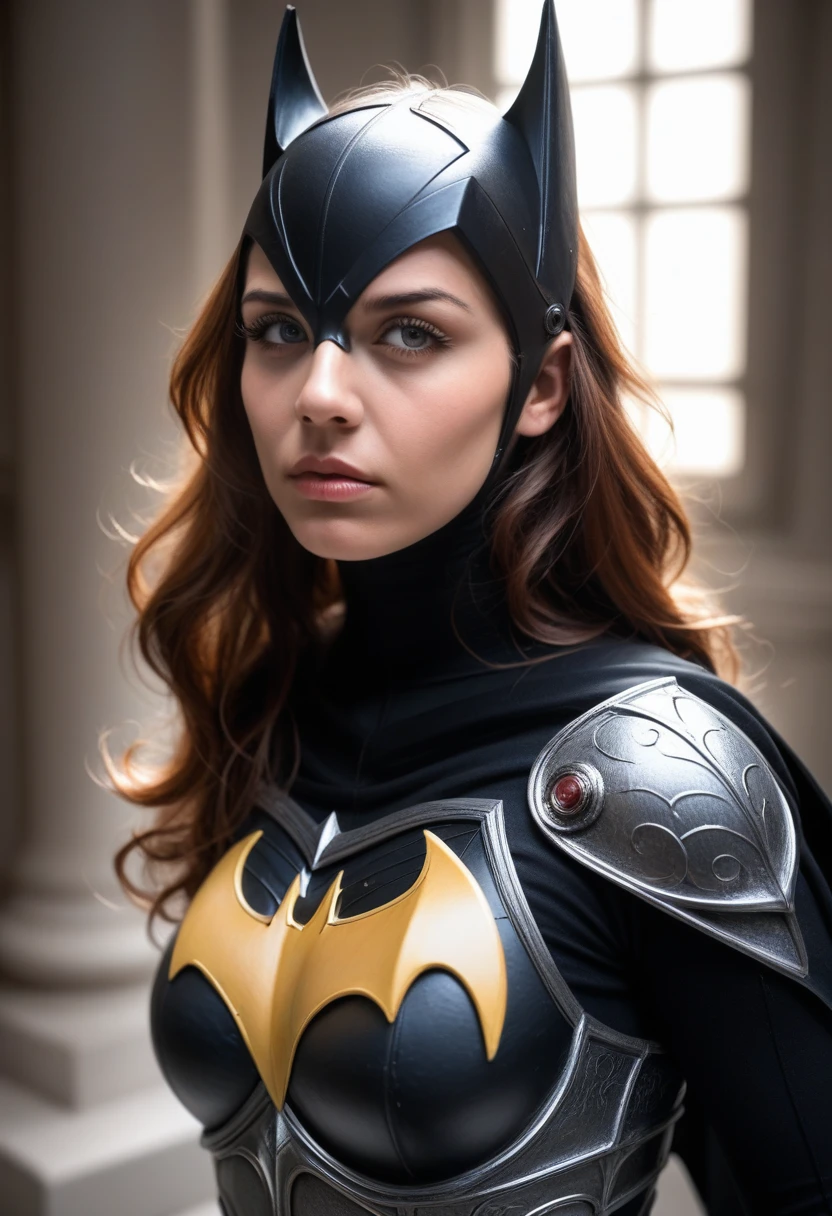 a highly detailed epic female character in video game style armor, similar to batgirl from the batman movies, beautiful detailed eyes, beautiful detailed lips, extremely detailed eyes and face, long eyelashes, detailed armor, intricate designs, beautiful flowing hair, dynamic pose, dramatic lighting, cinematic composition, deep rich colors, fantasy, digital art, (best quality,4k,8k,highres,masterpiece:1.2),ultra-detailed,(realistic,photorealistic,photo-realistic:1.37)