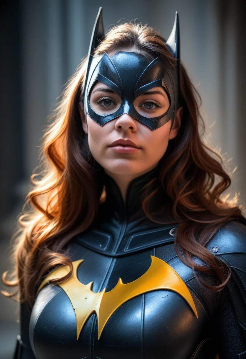 a highly detailed epic female character in video game style armor, similar to batgirl from the batman movies, beautiful detailed eyes, beautiful detailed lips, extremely detailed eyes and face, long eyelashes, detailed armor, intricate designs, beautiful flowing hair, dynamic pose, dramatic lighting, cinematic composition, deep rich colors, fantasy, digital art, (best quality,4k,8k,highres,masterpiece:1.2),ultra-detailed,(realistic,photorealistic,photo-realistic:1.37)