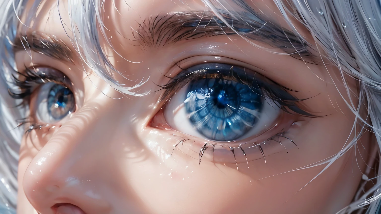 landscape of an woman, landscape of a very beautiful woman,(((extreme face close up))), Nao Tomori/(Charlotte/), anime style, (((lie sideaways)))!!!, (lie sideaways on the shallow water), looks at the camera with beautiful blue eyes, Ultra Detailed, A detailed eye, (Beautiful blue eye's like sapphire :1.40)!!, Stars in her fixed eyes, (homochromatic eyes)!!! attractive smile, beautiful smile, gorgeous smile, Perfect nose, Cute little nose, beatiful face, Face Clean, Skin, hyper realistic, Incredibly detailed face, hyper detailed face, A face with a lot of detail, Perfect eye shadow, wink, Hyper-Detailed Eyes, Hyper-detailing of eyebrows, Hyper-detailed eyelashes, white hair between eyes, White hair bangs, (ultra shine white hair)!!, (curvy hair with double tied up)!!, ((dynamic composition)), Best Quality, Masterpiece, Ultra-detailed, Beautiful, hight resolution, Original, CG 8K, perfect artwork, dramatic lighting, (Realistic) Realistic, Full HD, Best Quality, Best Quality, Beautiful lighting, (8k wallpaper of extremely detailed CG unit), High Details, sharp-focus, The art of dramatic and photorealistic painting, ((In shallow water)), dynamic composition