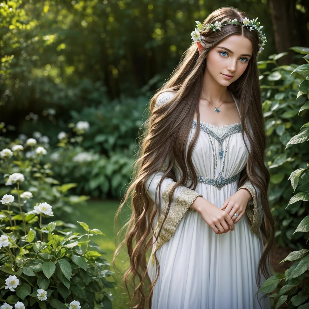 masterpiece,Digital SLR Photography,analog style,real photo,Photo of a beautiful 20 year old woman, (Lord of the Rings 1.0),dramatic lighting (85 mm),Blooming garden in the background,(detailed facial features),(Beautiful and sparkling eyes),Dynamic angle,Michelangelo's style,long hair,White dress,smile:1.4,(brown hair 1.5), Blue eyes, Elven Garden, (Slavic roots 1.6), jewelry in hair, Beautiful face, shiny hair, Ultrarealism