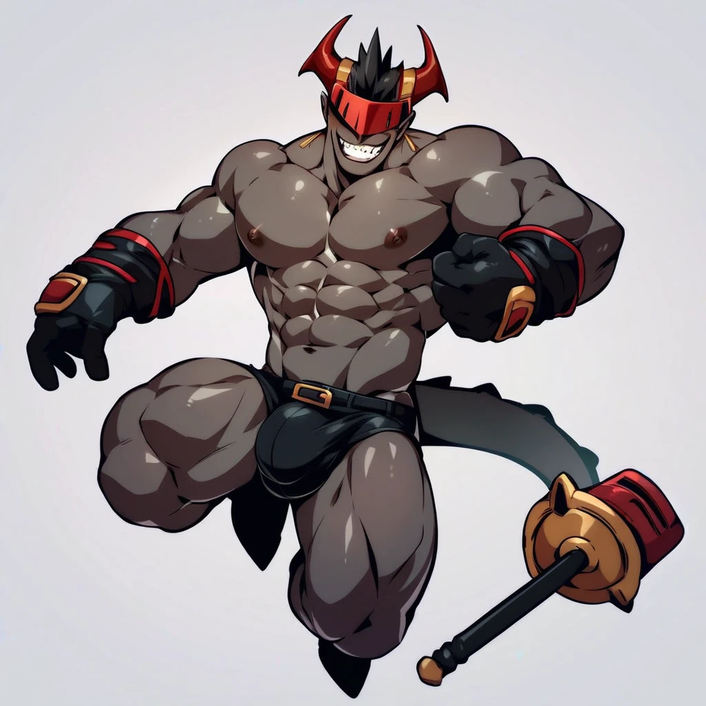 score_9, score_8_up, score_7_up, rating_explicit, source_anime, A demon from the anime Chainsaw Man. It has a hybrid hammer head, a war hammer head, with a muscular gray body, dark gray skin, shirtless, black hands, and looks fierce. beautiful, handsome, demonic, with a simple background. Focus on full body, masterpiece. An iron visor covering the eyes, demonic iron visor, bulge, yaoi