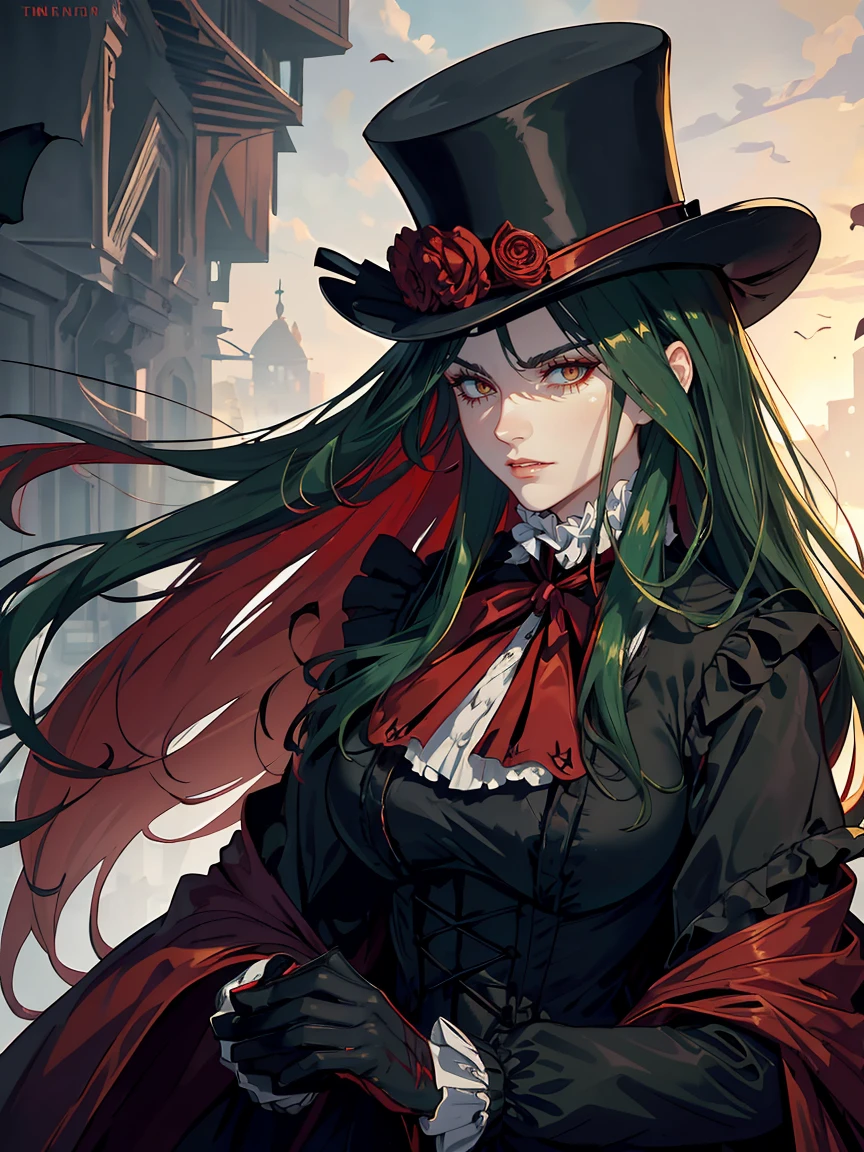 Long dark green hair, brown eyes, evil, sexy, black and red clothes, evil face, evil, serious look, gloss lips, sinister, front look, bloody, gloves, close up, portrait, beautiful eyes, short dress, big white, dark place, night, sensual, straight hair cut, clear skin, evil, young 30 years girl, adult girl, solo, red, very long hair, ankle length hair, handsome older WOMAN,Hyperresolution,accuracy,Detailed rendering,(Image of fine hair)(topquality)(Masterpieces of masters)(High degree of completeness)(A sense of atmosphere)tmasterpiece,Super detailed and super detailed(((half-body portrait)))(((Older woman)))(((Victorian suit outfit)))(((wearin a victorian tophat))) (((Has a walking cane)))(((Victorian village background)))