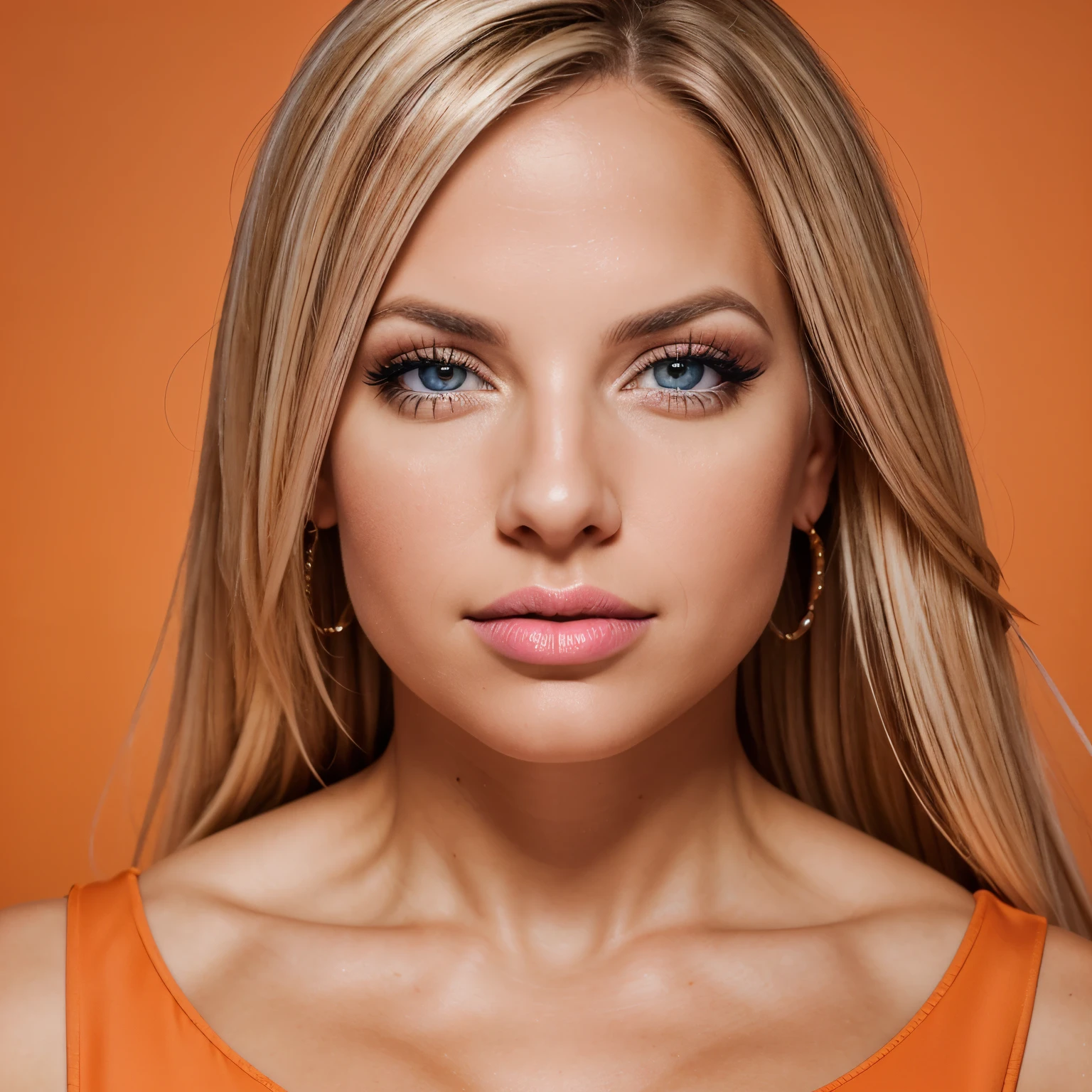 Professional photography of Rachel Pizzolato that captures her incredible beauty, ultra-realistic, HD, staring at the camera, professional makeup, mascara that highlights her eyes, ultra-realistic, symmetrical, perfect, pink lipstick, orange dress that highlights her imposing figure, stunning,