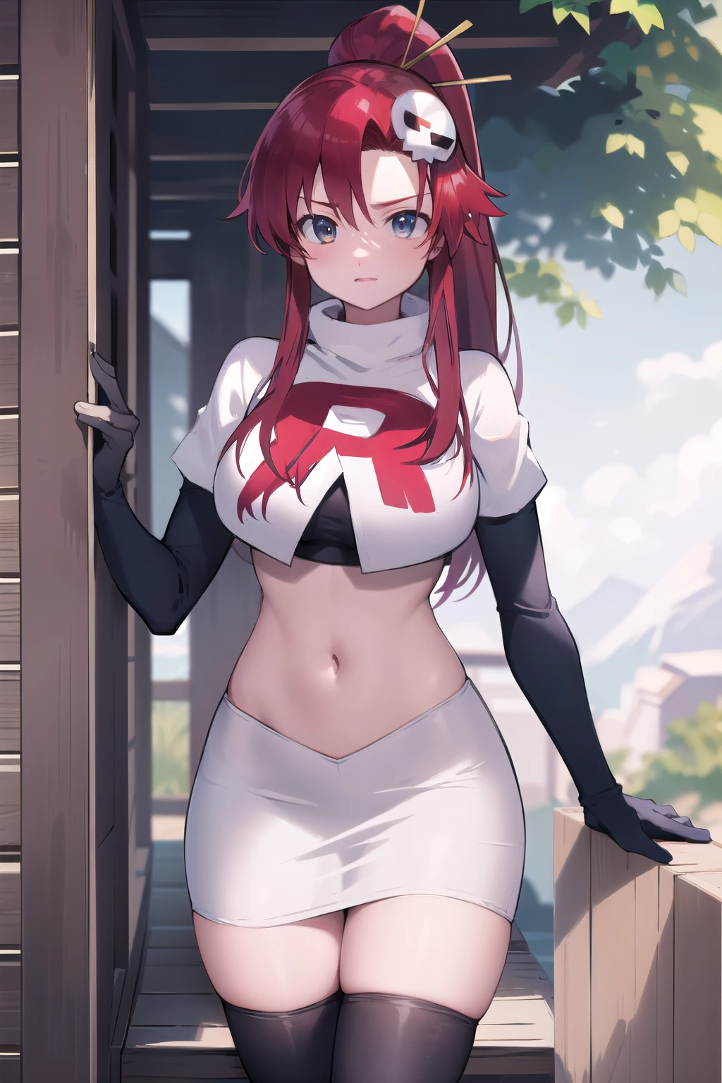 masterpiece, best quality, highres, yl1, ponytail, skull hair ornament, cowboy shot, outdoors, team rocket,team rocket uniform,white skirt,red letter R,crop top,black thigh-highs,black elbow gloves