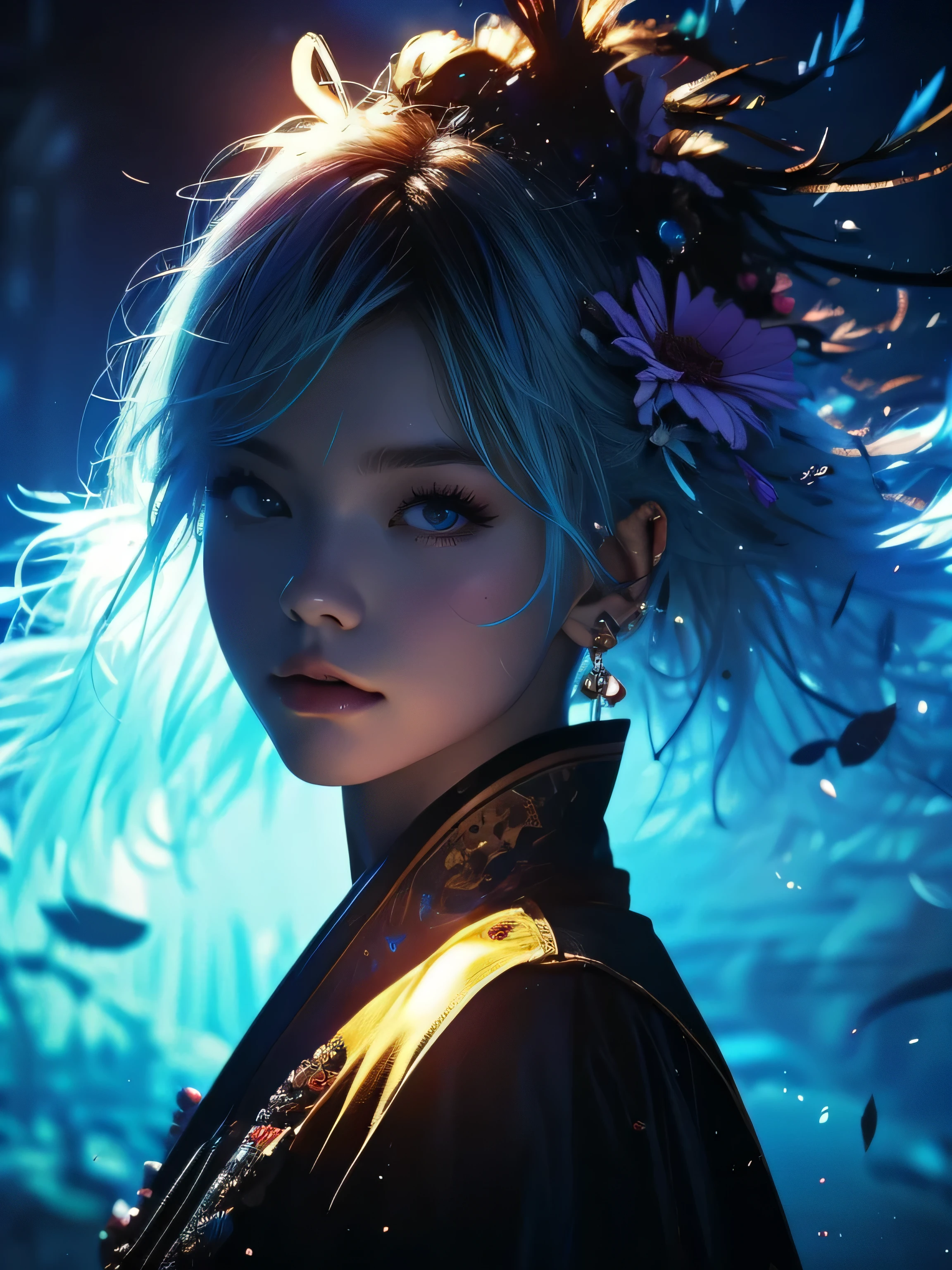 (masterpiece), (best quality), (ultra detailed),(disheveled hair),(illustration), (1girl), (Fashionable clothing), standing, Fashion model, looking at viewer, (interview), (simple background),beautiful detailed eyes, delicate beautiful face, Floating,(high saturation),(colorful splashes),colorful bubble,(shining), focus on face, ponytail, kamisato ayaka, light blue hair, bangs, hair ring, floating flowers, floating hairs, (shining), best lighting, best shadow, ROMANCE,FANTASIA,COMICS,MANGÁ, steampunkai
