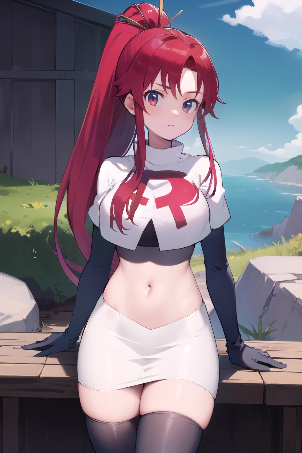 masterpiece, best quality, highres, yl1, ponytail, skull hair ornament, cowboy shot, outdoors, team rocket,team rocket uniform,white skirt,red letter R,crop top,black thigh-highs,black elbow gloves