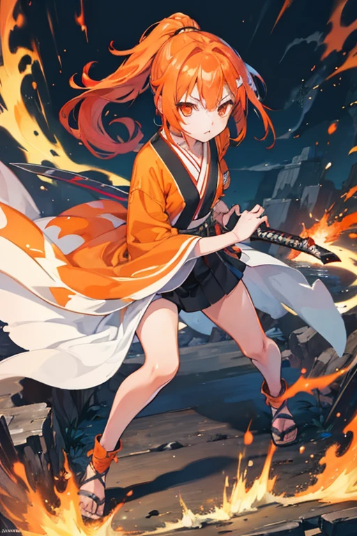 one girl, Long Hair, ponytail, red Hair, (Orange eyes:1.5), (Small breasts:1.2), Open your mouth,red kimono, Holding the sword grip with one hand,Sword Drawing Technique,whole full body, break looking at viewer, whole body,
break outdoors, Medieval European streets,
break (masterpiece:1.2), Highest quality, High resolution, unity 8k wallpaper, (shape:0.8), (Narrow and beautiful eyes:1.6), Highly detailed face, Perfect lighting, Extremely detailed CG, (Perfect hands, Perfect Anatomy),