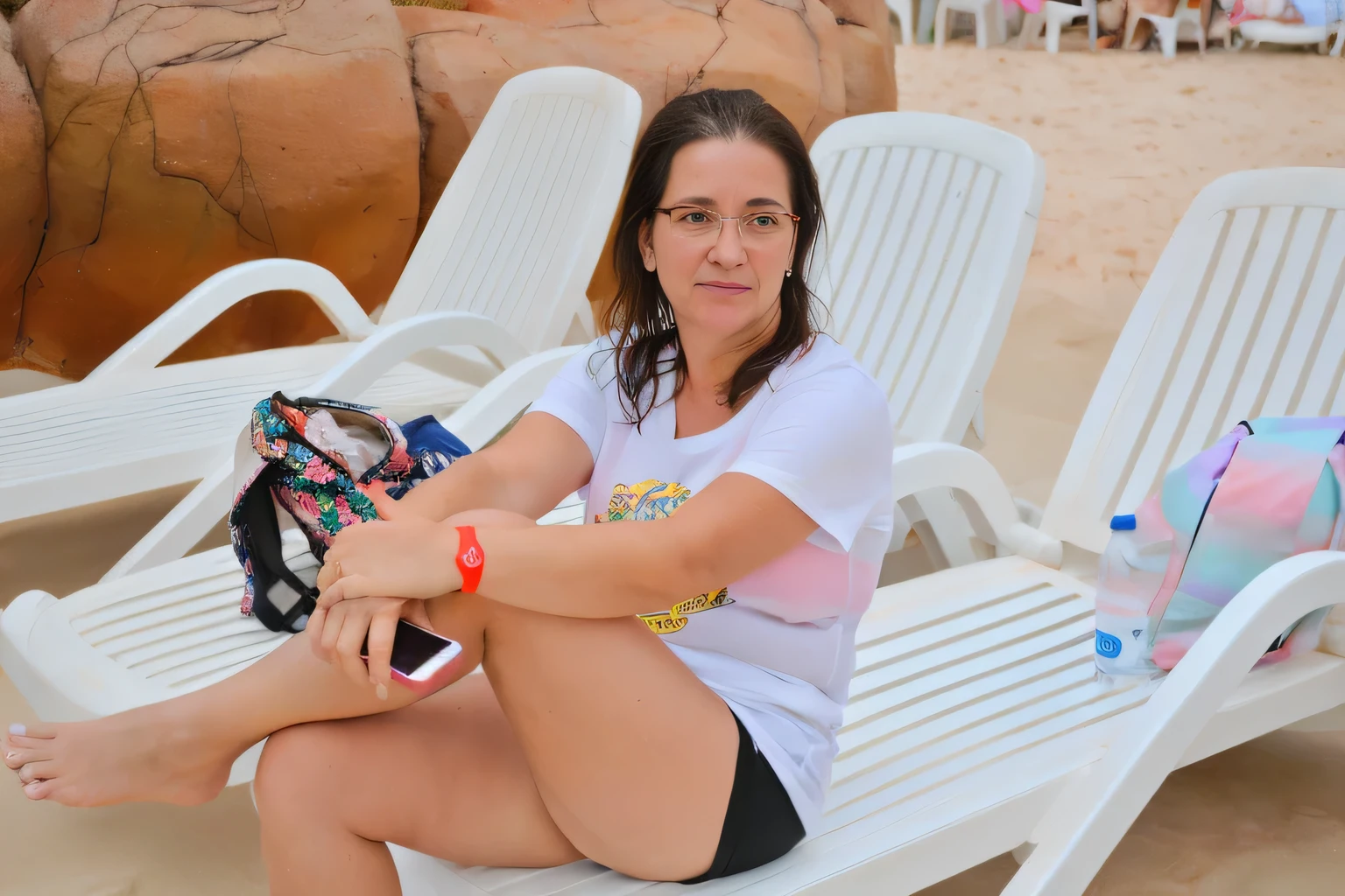woman sitting on a white lawn chair with a bag on her lap, 30-year-old woman from cuba, sitting on the beach, 30 years woman, 40 years old women, vacation photo, sitting at the beach, 40 years old woman, 40 years old woman, 40 year brazilian mother