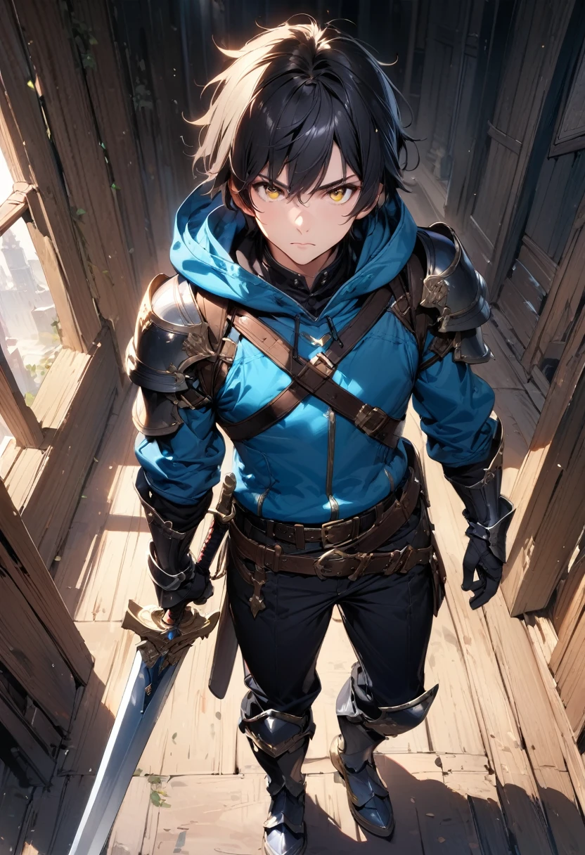 (masterpiece),(best quality),(ultra-detailed),(best illustration),(best shadow),(absurdres),(detailed background),(very aesthetic), 1boy, male-focus, black-hair, weapon, solo, armor, sword yellow-eyes, gauntlets, hood, holding, belt, holding-weapon, black-pants, standing, boots, pants, holding-sword, short-hair, full-body, hoodie, armored-boots, breastplate, sheath, hood-down, blue-hoodie, closed-mouth, gloves, looking-at-viewer, indoors, bangs
