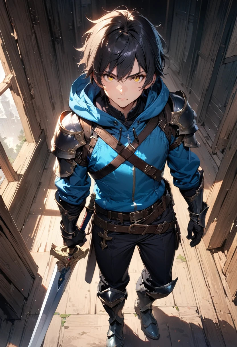 (masterpiece),(best quality),(ultra-detailed),(best illustration),(best shadow),(absurdres),(detailed background),(very aesthetic), 1boy, male-focus, black-hair, weapon, solo, armor, sword yellow-eyes, gauntlets, hood, holding, belt, holding-weapon, black-pants, standing, boots, pants, holding-sword, short-hair, full-body, hoodie, armored-boots, breastplate, sheath, hood-down, blue-hoodie, closed-mouth, gloves, looking-at-viewer, indoors, bangs