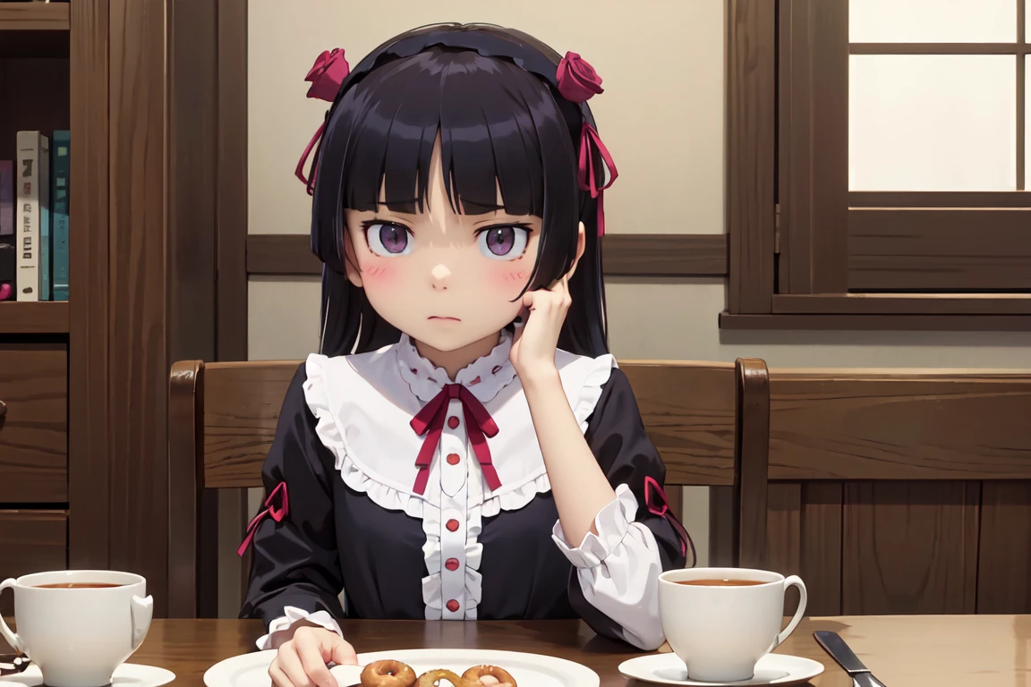 (donutを食べる), (donut), カラフルなdonut, table, Stylish teacups, Place mat, (ruri gokou), girl, (alone), Hime cut, Gothic ****ta, ****ta Fashion, head band, middle ages, European Castles, Different world, masterpiece,