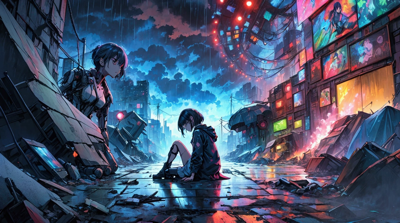 manga anime style, complicated scene with lots of details, a scene where there is a lonely cyborg girl sitting on the ground, in a cyberpunk wasteland, storm with rain is coming, the camera angle is from behind the girl, war scene,