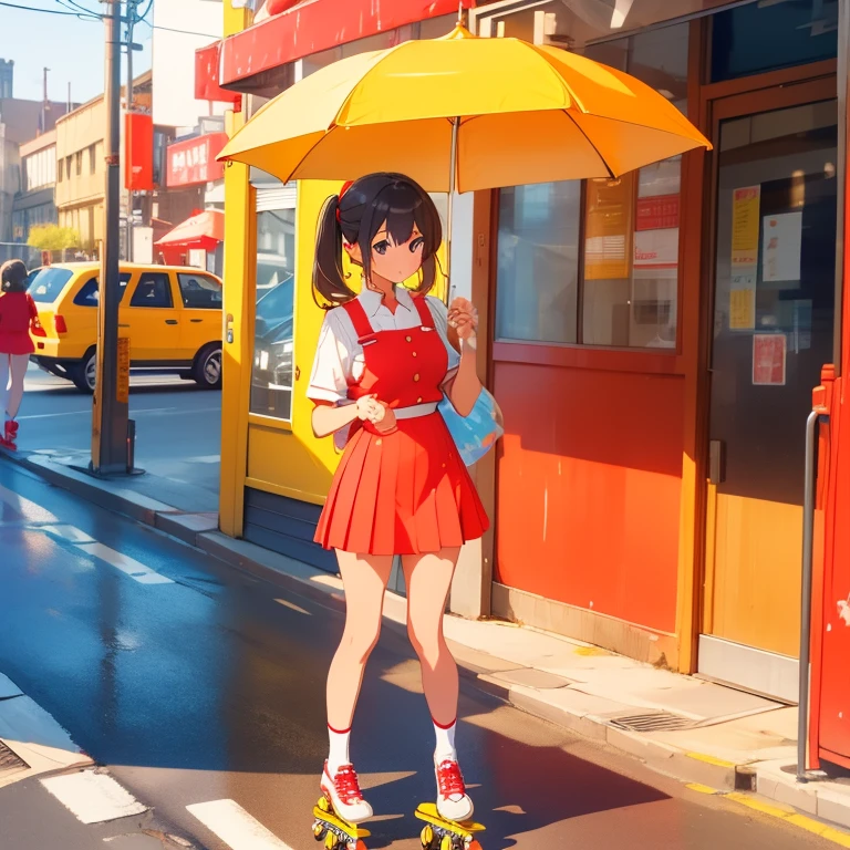 Hamburger seller in red and yellow uniform、Carry a tower of hamburgers、Roller skating、Parasol、a miniskirt、good style、poneyTail