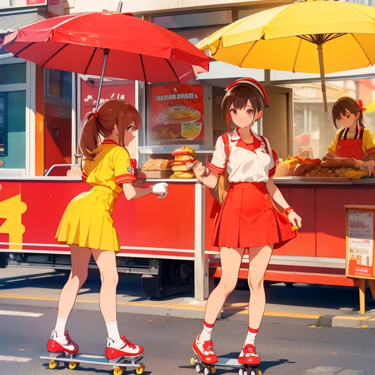 Hamburger seller in red and yellow uniform、Carry a tower of hamburgers、Roller skating、Parasol、a miniskirt、good style、poneyTail