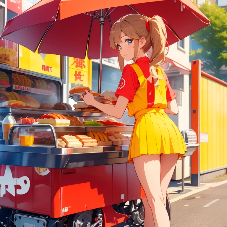 Hamburger seller in red and yellow uniform、Carry a tower of hamburgers、Roller skating、Parasol、a miniskirt、good style、poneyTail